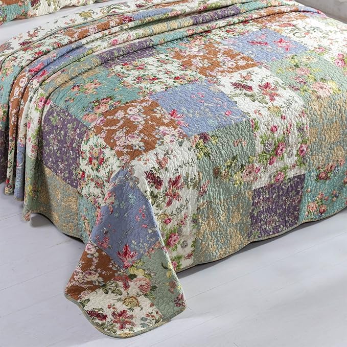 YAYIDAY Oversized King Bedspreads Patchwork Quilt Set (120x118 Inch) - 100% Cotton Reversible Breathable Floral Quilted Coverlet with Pillow Shams Fit All Season