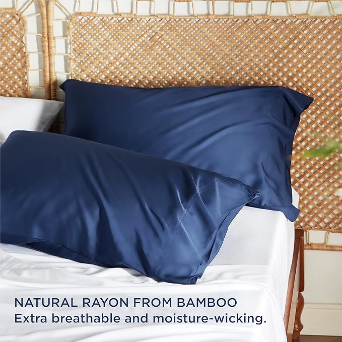 Bedsure Pillow Cases Standard Size, Cooling Pillow Cases, Rayon Derived from Bamboo Navy Blue Pillowcases Standard Set of 2, Breathable & Soft Bedding Pillow Cover with Envelope Closure, 20x26 Inches