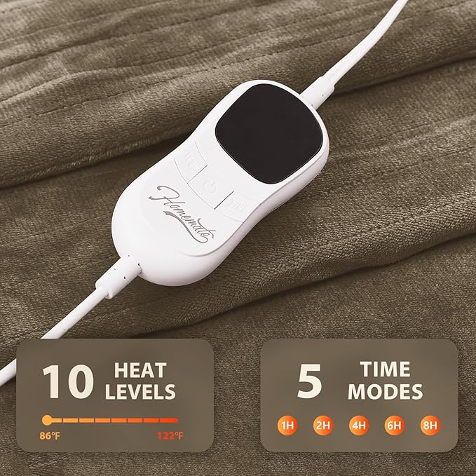 Homemate Electric Heated Blanket Queen Size - 84"x90" Heating Blanket Queen Size Dual Control 1/2/4/6/8 Hours Auto-Off 10 Heat Level Over-Heat Protection Flannel Sherpa ETL Certification