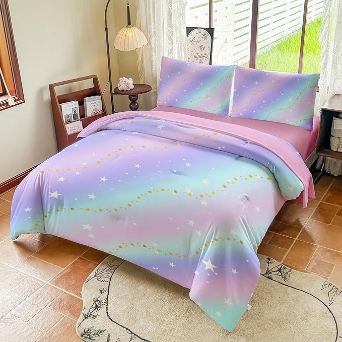 Rainbow Bedding Set Full Size – 5 Piece Reversible Girls Comforter with Deep-Pocket Sheet, Gradient Galaxy Design, Whole-Piece Filling, Machine Washable Bed-in-a-Bag for Kids Room Makeover & Gifts