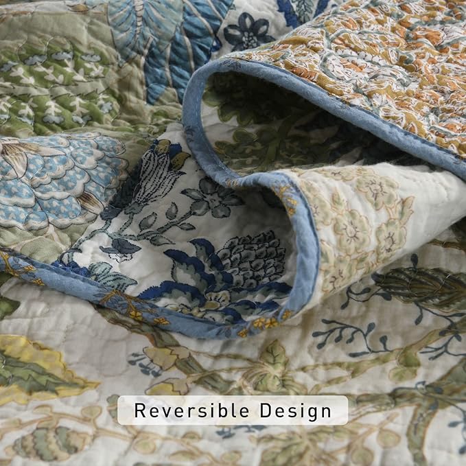 Yvooxny Quilt Set King Bedspread Reversible Green Farmhouse Garden Coverlet Real Patchwork Quilt Set for All Seasons with Pillowcases, Farmhouse Floral Pattern, King Size