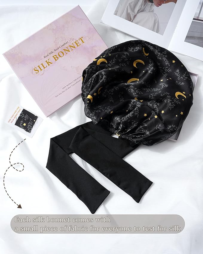 100% Mulberry Silk Bonnet for Sleeping Women Double Layer Silk Hair Bonnet Natural Sleep Cap with Elastic（Black + Moon）