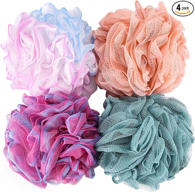 BTYMS Large Loofah Sponge 75g/Pc, Exfoliating Shower Pouf Bath Scrunchies Bath Scrubber Body Loofahs for Shower - Set of 4