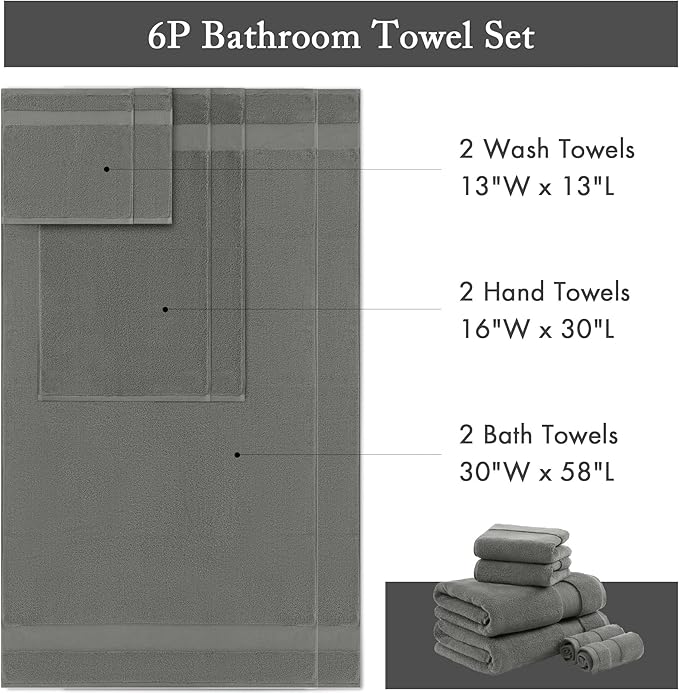 Madison Park Turkish 100% Cotton 600Gsm Luxury Premium Thick Soft Absorbent Hotel Bathroom Towel Set Shower Hand Face Washcloths, Assorted Sizes, Charcoal 6 Piece