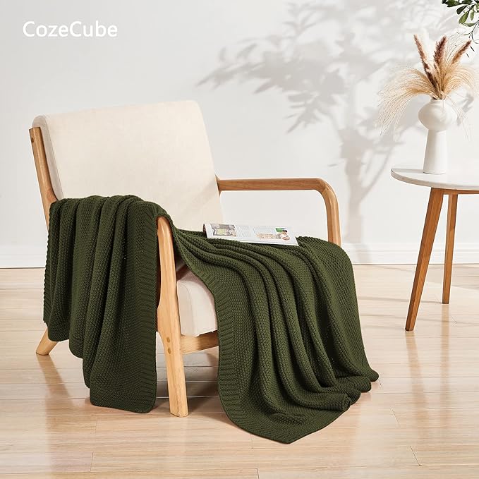 CozeCube Olive Green Throw Blanket for Couch, Soft Cozy Cable Knit Throw for Bed Sofa Living Room, Lightweight Warm Decorative Farmhouse Christmas Blanket, 50"x60", Olive Green