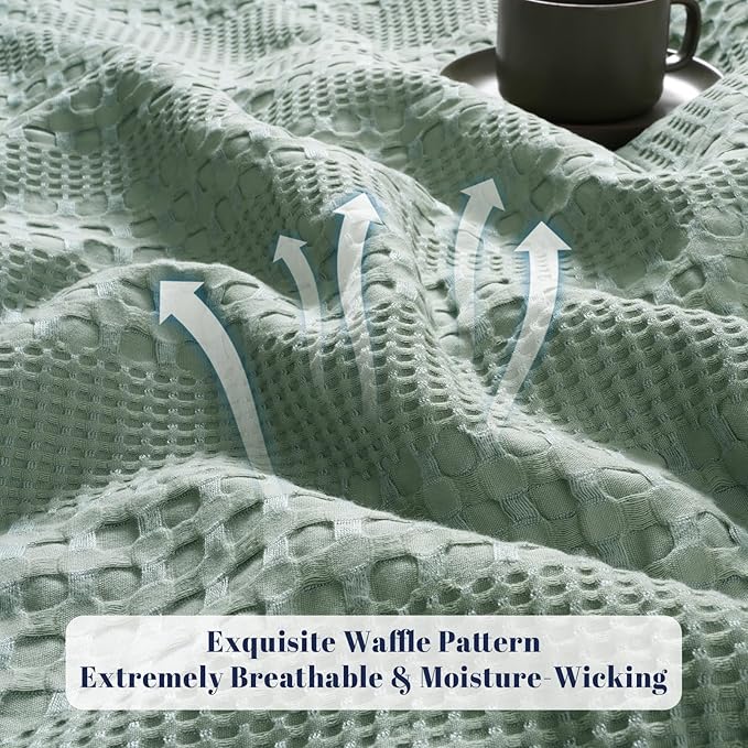 PHF Cooling Waffle Blanket Twin Size, Lightweight 60% Rayon Derived from Bamboo & 40% Cotton Breathable Blanket for Hot Sleepers, Soft and Luxury for Bed Couch and Sofa, 66"x90", Sage Green