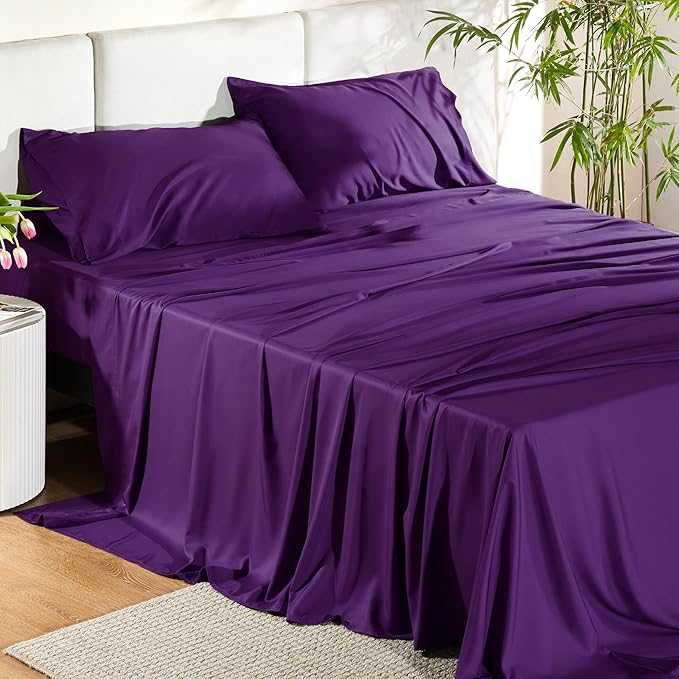 Bedsure California King Sheet Sets, Cooling Sheets for Hot Sleepers, Rayon Derived from Bamboo, Breathable & Soft, Deep Pocket Up to 16 Inches, Hotel Luxury Silky Bedding, Plum