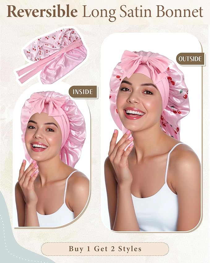 AWAYTR Long Satin Bonnet for Sleeping, Reversible Double Layer Hair Bonnet with Elastic Tie Band (Cherry Print+Pink)