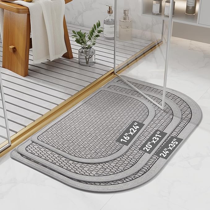 Bathroom Rugs Mat 20x31, Non Slip Ultra Thin Bath Mat Quick Dry Absorbent Washable Woven Half Round Bath Mats for Bathroom Floor Rubber Backed Fit Under Door Grey