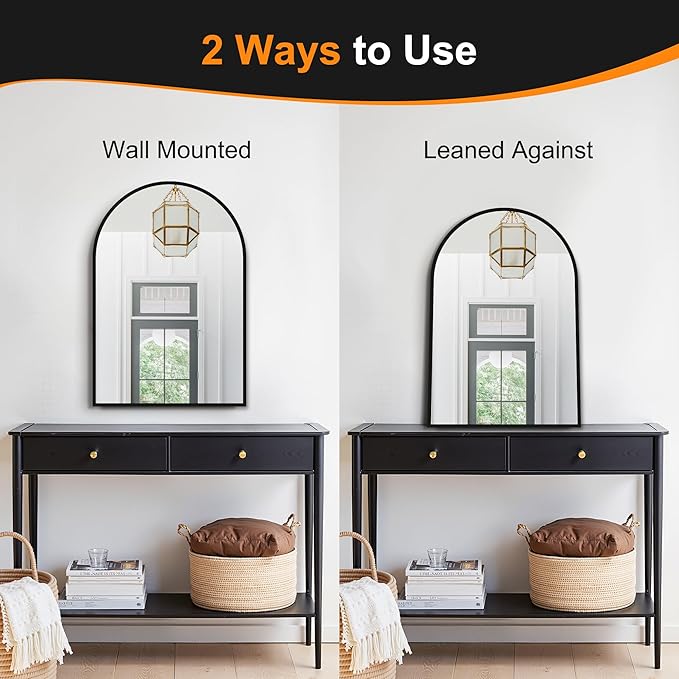 Delma Arched Bathroom Mirror, 24"x36" Wall Mounted Vanity Mirror for Bedroom, Living Room and Entryway, Black