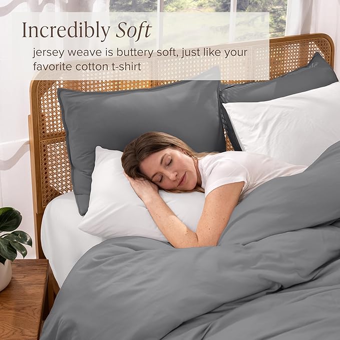 Bare Home 100% Organic Cotton Jersey Duvet Cover Set - Full/Queen Size - Ultra Soft - 100% Cotton - 3pcs - Corner Ties - Button Closure - Bedding Duvet Cover & Pillow Shams (Full/Queen, Grey)