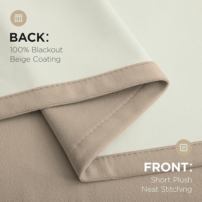 Joydeco Beige 100% Blackout Curtains 102 Inch 2 Panels, Luxury Thermal Beige Velvet Curtains for Bedroom Living Room, Soundproof Blackout Window Drapes, Rod Pocket & Back Tab (52W x 102L)