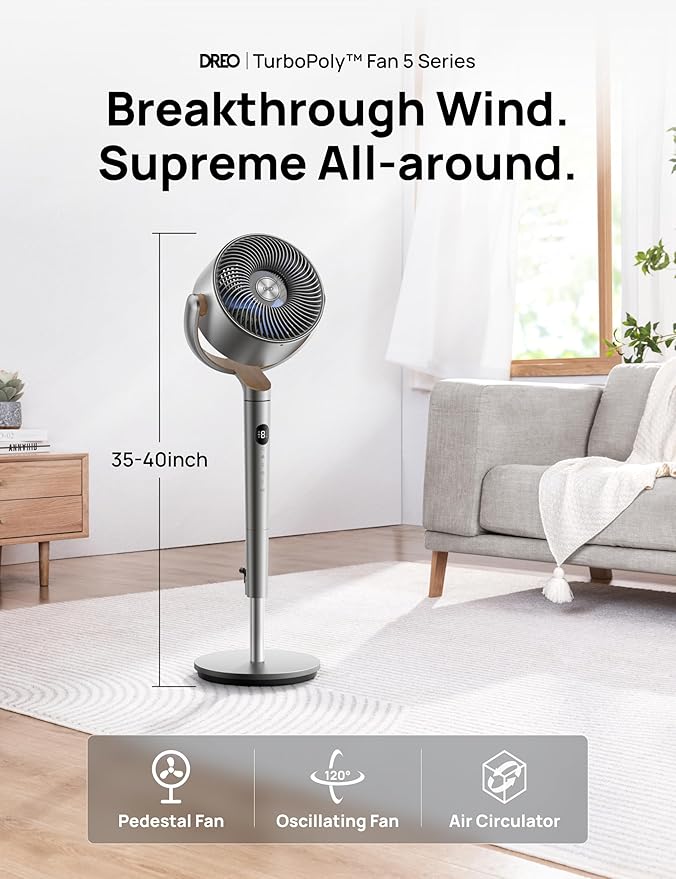 Dreo Fan for Bedroom, 120°+120°Omni-directional Oscillating Fan, DC Motor, 20 dB Quiet Standing Pedestal Fans, 90ft, 8 Speeds, 3 Modes Circulator with Remote, 35-40" Adjustable Height, 8H Timer