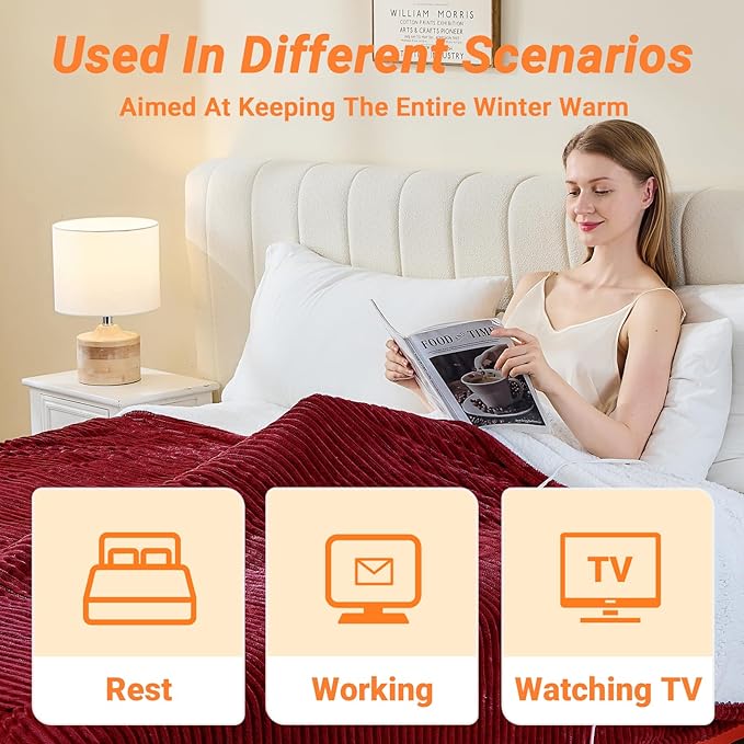 Heated Blanket Electric Throw, Soft Flannel Heating Blanket with 8 Hours Auto Off 10 Fast Heating Levels Machine Washable Sherpa Heated Blanket with Overheating Protection