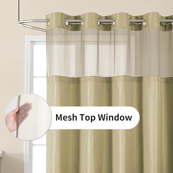 Colorful Star No Hook Waffle Shower Curtain with Snap in Fabric, Waterproof Shower Curtains with See Through Top Window, Hotel Luxury Heavy Duty Bathroom Curtain and Liner Set, 72'' x 75'', Beige