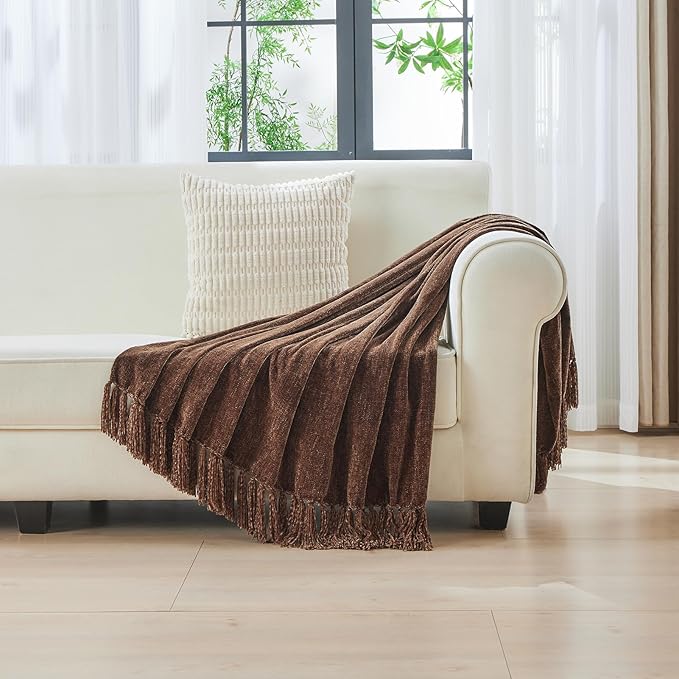 CozeCube Chenille Throw Blanket for Couch, Cozy Plush Fuzzy Decorative Dark Brown Blanket with Fringe Tassels, Lightweight Throws for Bed Sofa Gift Home Decor, 50"X60"