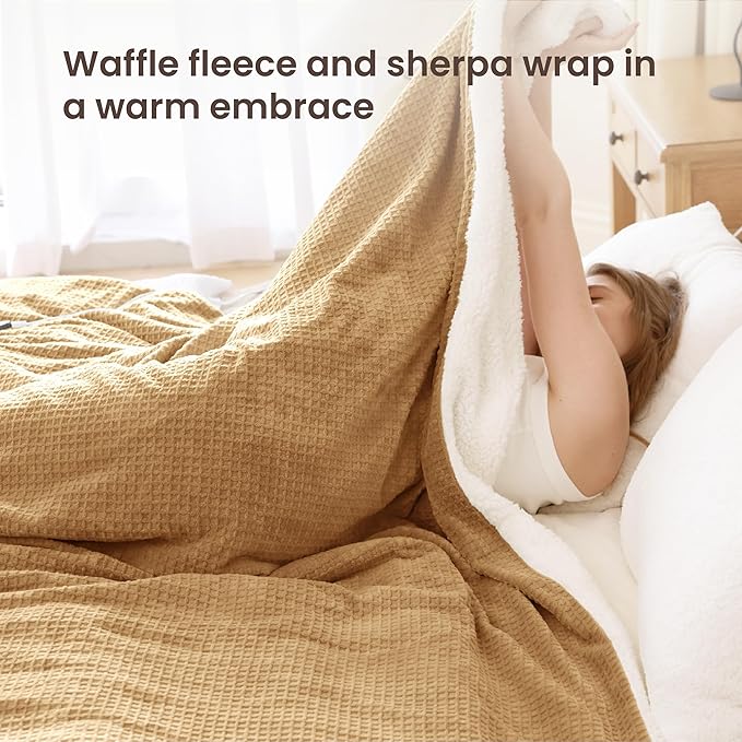Heated Blanket Electric Blanket Queen Waffle, 84x90 Inches Dual Controllers Sherpa Fleece Fast Heating Blanket 6 Heating Levels & 10 Hours Auto Off ETL Certification, Caramel Queen
