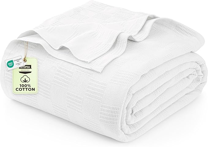 Utopia Bedding White 100% Cotton Blanket [Full Size - 90x84 Inch] 350GSM Lightweight, Soft and Breathable Thermal Blanket for All Seasons