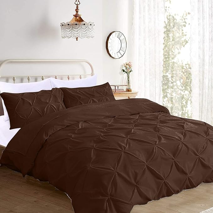Pinch Pleated Duvet Cover Set 100% Brushed Microfiber 3PC Oversize Size 98x120 Duvet Cover Set, Decorative Pinch Design Brown Duvet Cover with Matching Pillow Case