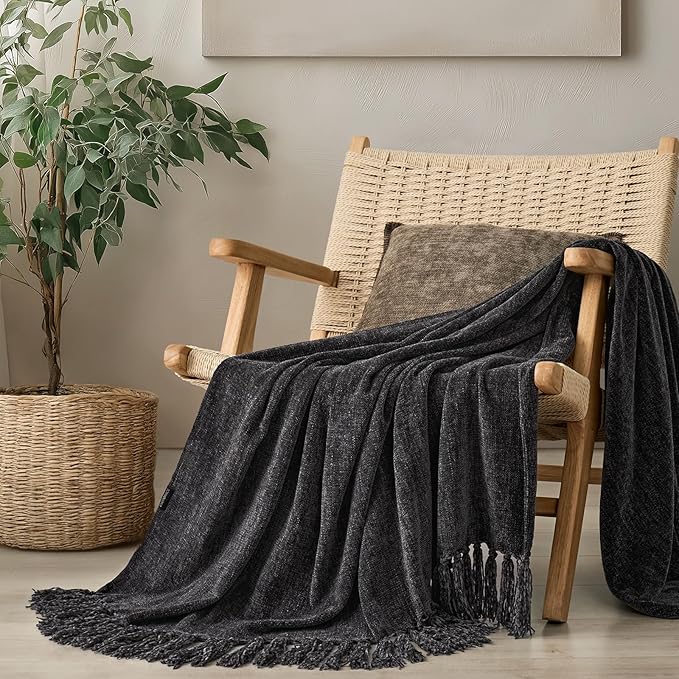 EVERGRACE Soft Chenille Throw Blanket for Couch, Cozy Plush Fuzzy Decorative Chenille Knit Throw Blanket with Tassels, Lightweight Blanket and Throws for Bed Sofa Gift Home Decor, Iron Black 50"x60"
