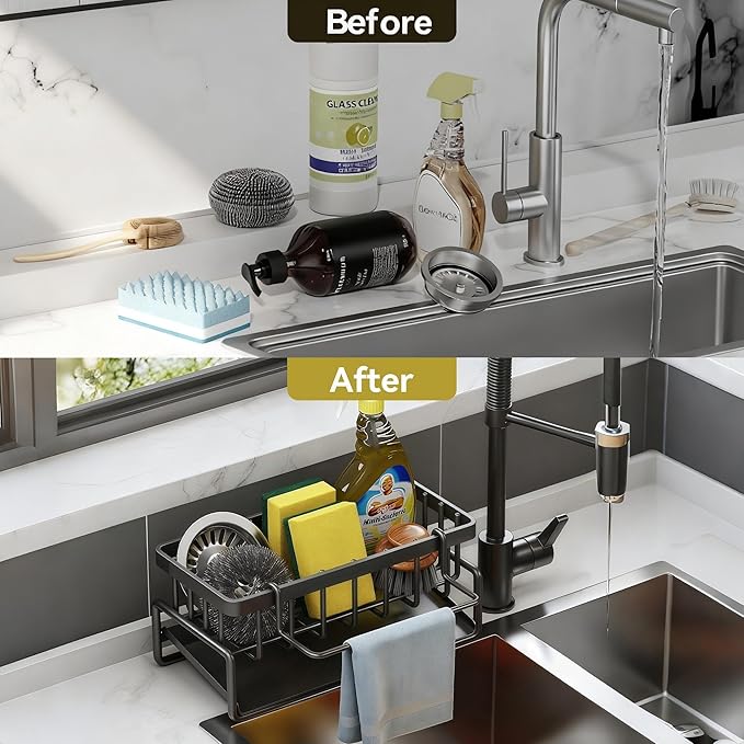 Sponge Holder for Kitchen, Sink Caddy Organizer Rack for Kitchen Accessories, Soap Dispenser Countertop Organizer Essentials for Home (Black)