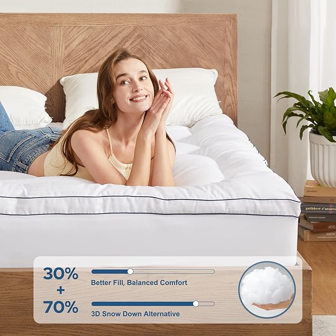 BEDLORE Twin XL Mattress Topper, Thick Pillow Top Pad for Back Pain Relief, Cooling Soft Mattress Cover with Deep Pockets 6-15 inch