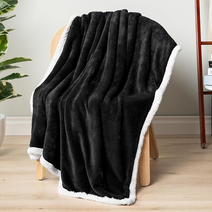 PAVILIA Sherpa Fleece Throw Blanket for Couch, Twin Size, Black, Plush Soft Fuzzy Sofa Blanket, Cozy Reversible Winter Throw for Women Men, 60x80 Inches