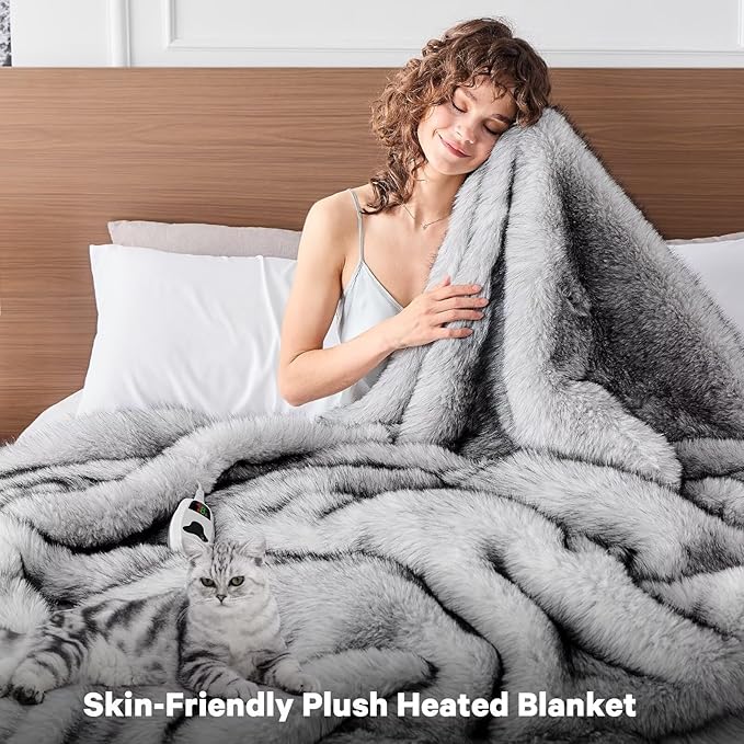 Heated Electric Blanket Throw,Octrot 50"X60" Faux Fur Heating Blanket Luxury Christmas Gifts Heavy Plush with 10 Heats Levels & 8 Hours Auto Off,Super Cozy Warm Fuzzy,Fluffy Decor Winter Warming,Grey