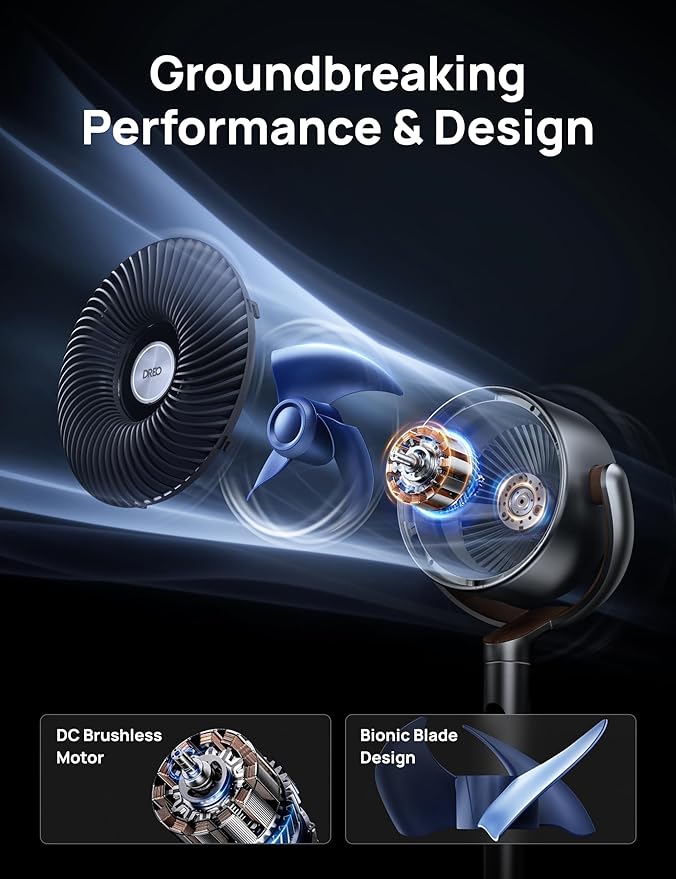 Dreo Fan for Bedroom, 120°+120°Omni-directional Oscillating Fan, DC Motor, 20 dB Quiet Standing Pedestal Fans, 90ft, 8 Speeds, 3 Modes Circulator with Remote, 35-40" Adjustable Height, 8H Timer
