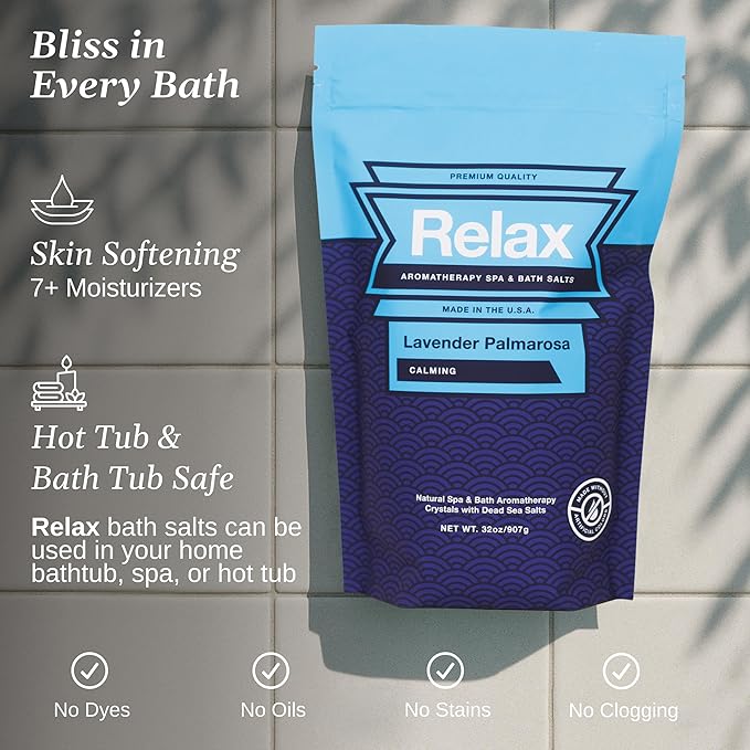 Relax Spa & Bath, Epsom & Dead Sea Salts, Aromatherapy Bath Salts for Hot Tub, Bath, or Spa, Infused with Magnesium, Lavender Palmarosa Scent