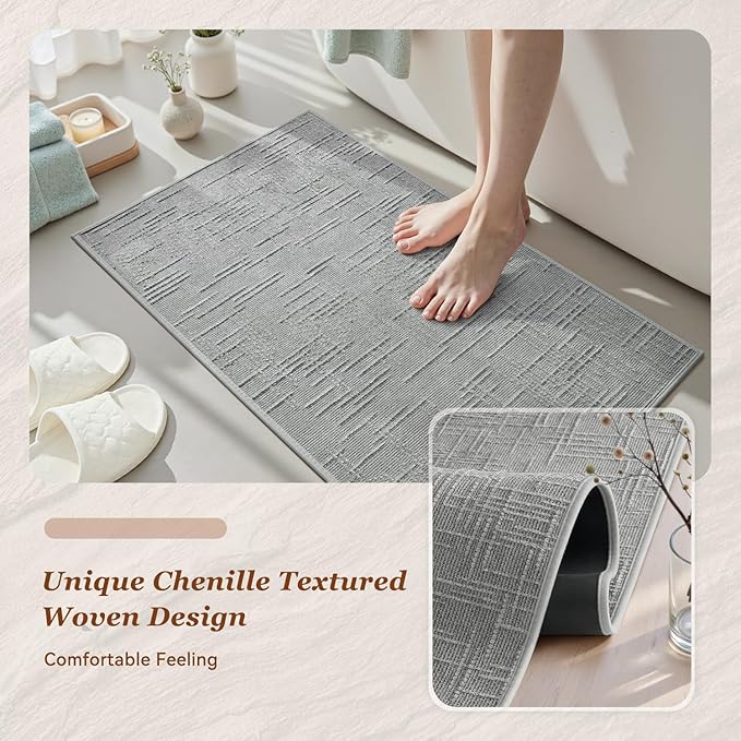 AMOAMI Bath Mat Non Slip Super Absorbent Quick Dry Bath Mats for Bathroom Floor Rubber Backing Washable Bathroom Rugs Modern Woven Jacquard Mat, Beside Tub Bath Rugs, 24" x 36", LightGrey