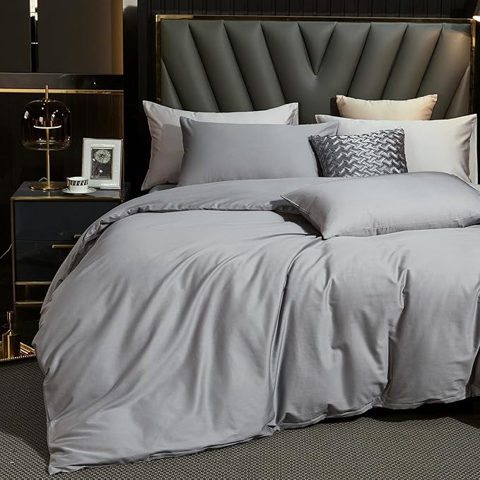 MooMee Duvet Cover Set 100% Extra Long Staple Cotton 600 Thread Count Silky Sateen Smooth Luxury Soft Breathable Durable Hotel Quality Bedding, 3 Pieces (Light Gray, King 104"x90")