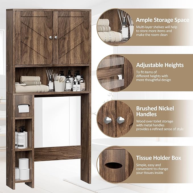 Meilocar Bathroom Storage Cabinet Over Toilet with Toilet Paper Holder Stand, Freestanding Bathroom Storage Organizer Cabinet Space Saver W/Adjustable Shelf, Walnut