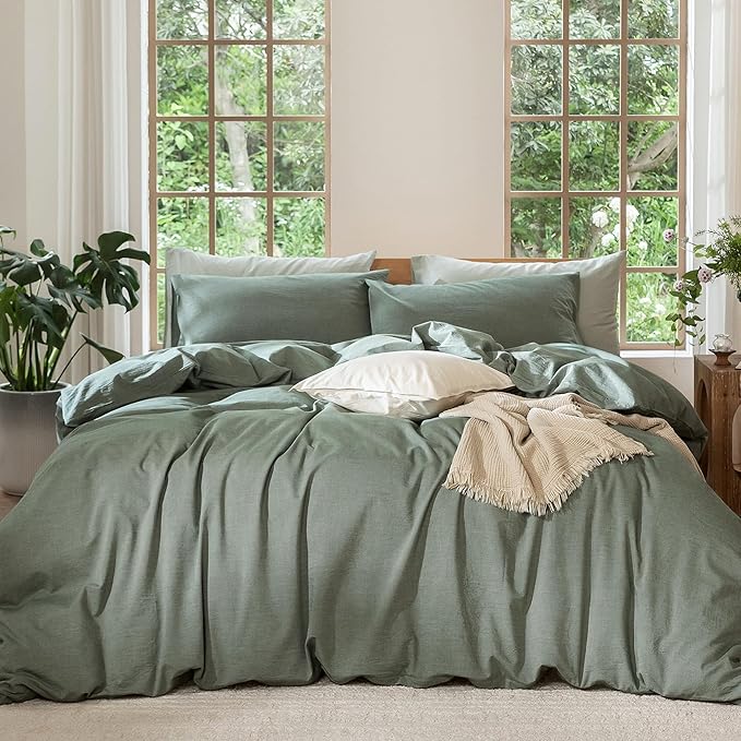 MooMee Bedding Duvet Cover Set 100% Washed Cotton Linen Like Textured Breathable Durable Soft Comfy (Heathered Green, Full 80"x90")
