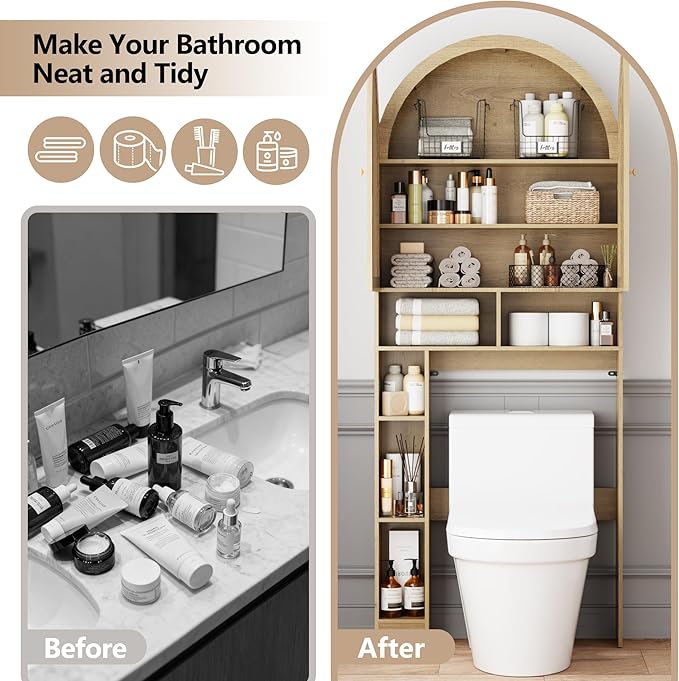 Over The Toilet Storage Cabinet, 29.7”W Modern Storage Cabinet Over Toilet with Rattan Doors, Arched Freestanding Over Toilet Rack with Adjustable Shelf for Bathroom, Nature