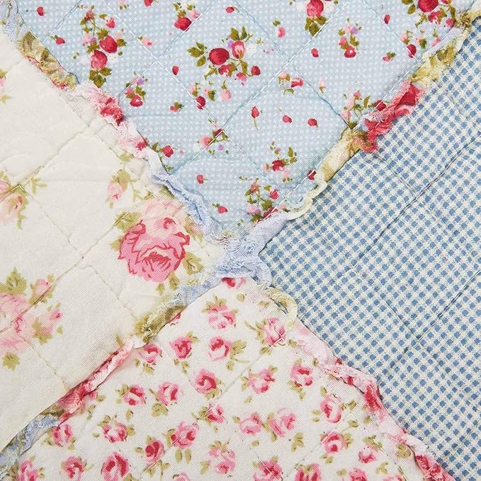 Cozyholy Original 100% Cotton Patchwork Quilt Full Queen Size Blue Floral Bedspread Coverlet Reversible Vintage Shabby Chic Quilted Throw Blanket Bed Quilt Cover for Couch Sofa