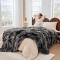 Fluffy Blanket - Soft Luxury Faux Rabbit Fur Throw - Cozy Fuzzy Plush Bubble Blanket, Warm & Decorative - Queen Size 90''x90'', Tie-Dyed Dark Grey