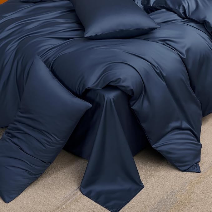 MooMee Duvet Cover Set 100% Extra Long Staple Cotton 600 Thread Count Silky Sateen Smooth Luxury Soft Breathable Durable Hotel Quality Bedding, 3 Pieces (Navy Blue, King 104"x90")