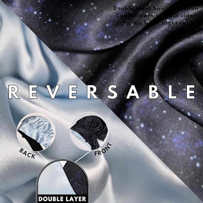 100% Mulberry Silk Bonnet for Sleeping Women, Handmade in USA 19 Momme Double Layer Reversible Silk Hair Wrap with Adjustable Ties, Non-Slip Sleep Cap for Curly & Natural Hair (Midnight)