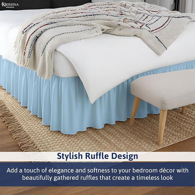 KRISHNA Ruffled Bed Skirt with Split Corners Twin, 100% Microfiber Hotel Quality, 28 Inch Drop Dust Ruffle Gathered Bedskirt with Platform, 39" x 75", Light Blue
