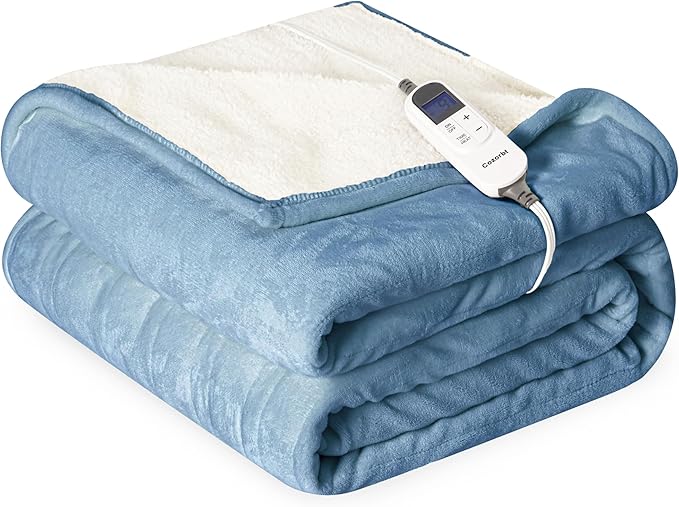 Heat Blanket 50”x60” Throw,Soft Flannel & Sherpa Reversible Electric Blanket with 10 Heat Settings,12 Timer Setting and 3 Hours Auto-Shut Off,ETL Certified Machine Washable,Light Blue
