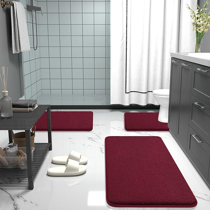 OLANLY Thick Memory Foam Bath Mat Rug 44x24, Extra Soft Absorbent Bathroom Rug, Quick Dry Bath Mats, Non-Slip, Machine Washable Carpet for Bathroom, Tub and Shower, Home Decor Accessories, Burgundy