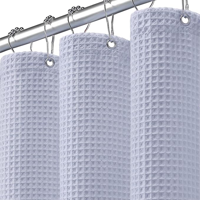 Long Waffle Shower Curtain - Misty Blue Cotton Texture Fabric Heavyweight Shower Curtain for Bathroom,72Wx78L