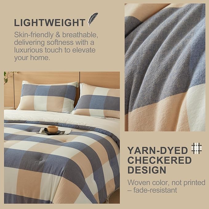 100% Cotton Comforter Set Queen Size – Reversible Yarn-Dyed Checkered Design, Soft Washed Cotton on Both Sides, Lightweight All-Season Bedding, Machine Washable(Blue White Plaid, 90”x90”)