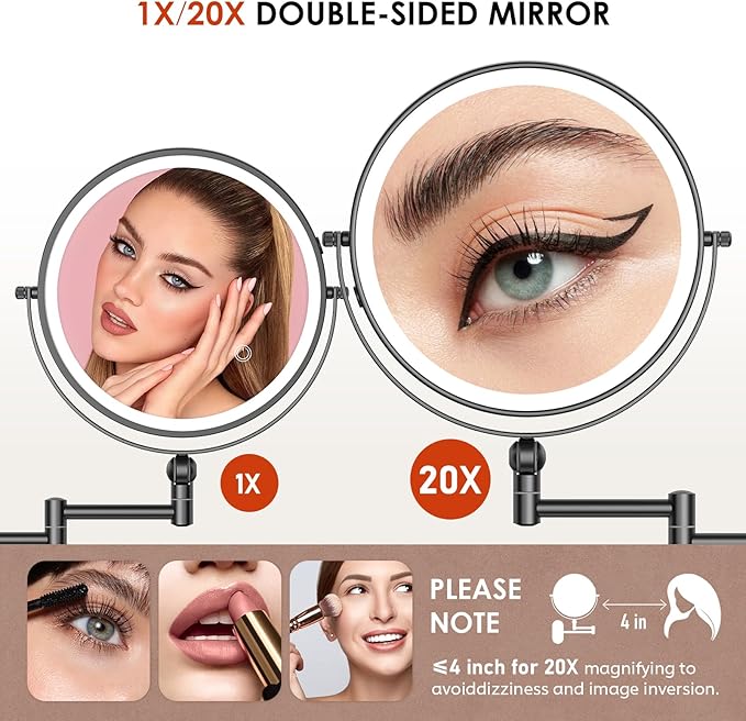9" Wall Mounted Lighted Makeup Mirror,4000mAh Rechargeable Double Sided 1X/20X Magnifying Mirror with Light,Touch Dimmable,Extended Arm 360 Rotation Wall Mounted Makeup Mirror 3 Color Lights-B