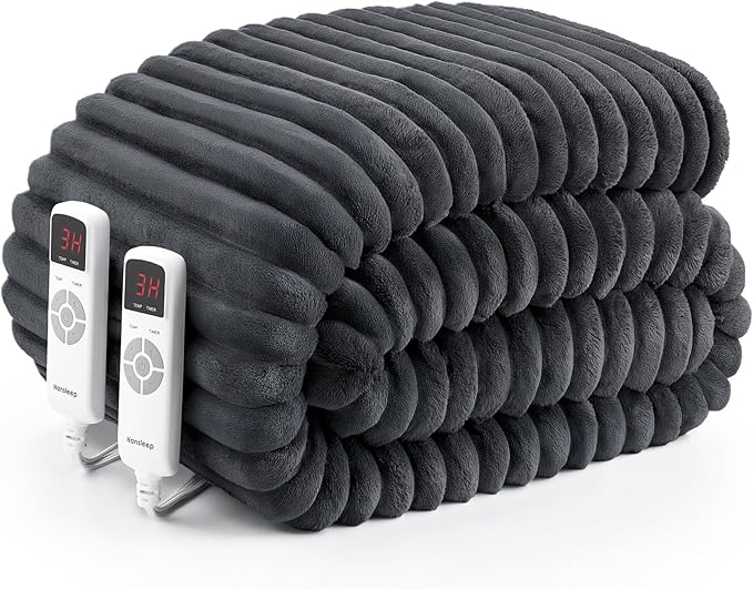 Hansleep Heated Blanket Queen Size Electric Throw Dual Control, Heating Blanket with 9 Heating Levels and 10-Hour Timer Auto Shut Off, Washable Soft Warm Winter Blanket, 80 x 90 Inches, Dark Grey