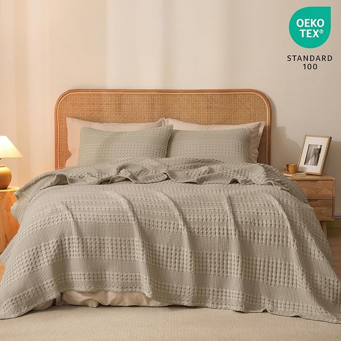 PHF 100% Cotton Waffle Weave Blanket Queen Size for Bed, Soft Lightweight & Breathable, All-Season Comfort, Luxury Aesthetic Woven Bedding for Home Decor, 90"x90", Taupe
