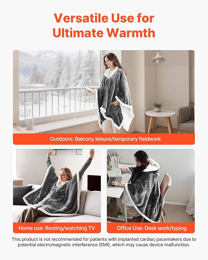 VEVOR Wearable Heated Throw Blanket Electric Shawl, Portable Robe Blanket Hoodie for Women, 5 Heating Levels, 3H Auto Shut-Off, Overheat Protection,Winter for Adult Mom Girlfriend,Machine Washable