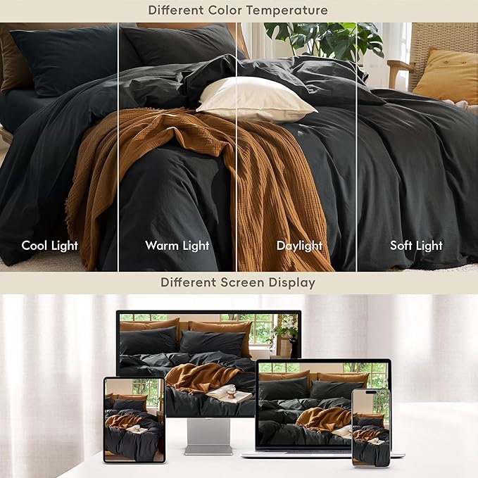 MooMee Bedding Duvet Cover Set 100% Washed Cotton Linen Like Textured Breathable Durable Soft Comfy (Solid Black, Super King Plus 120"x120")