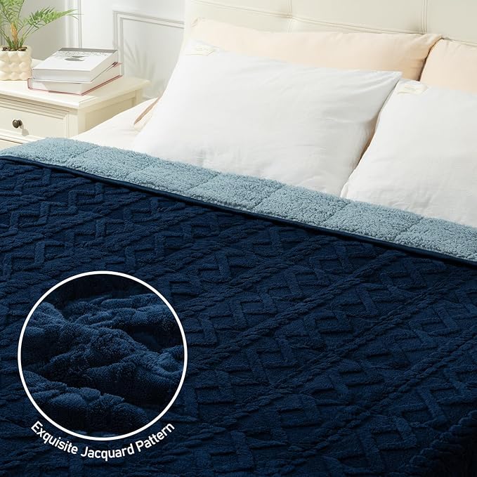 Wemore Weighted Blanket for Adults Twin Size 15 lbs, Dual Sided Soft Fuzzy Jacquard Sherpa Weighted Blankets for Sleeping, Cozy Fluffy Knitted Heavy Blanket for Couch Bed, Navy Blue, 60 x 80 inches